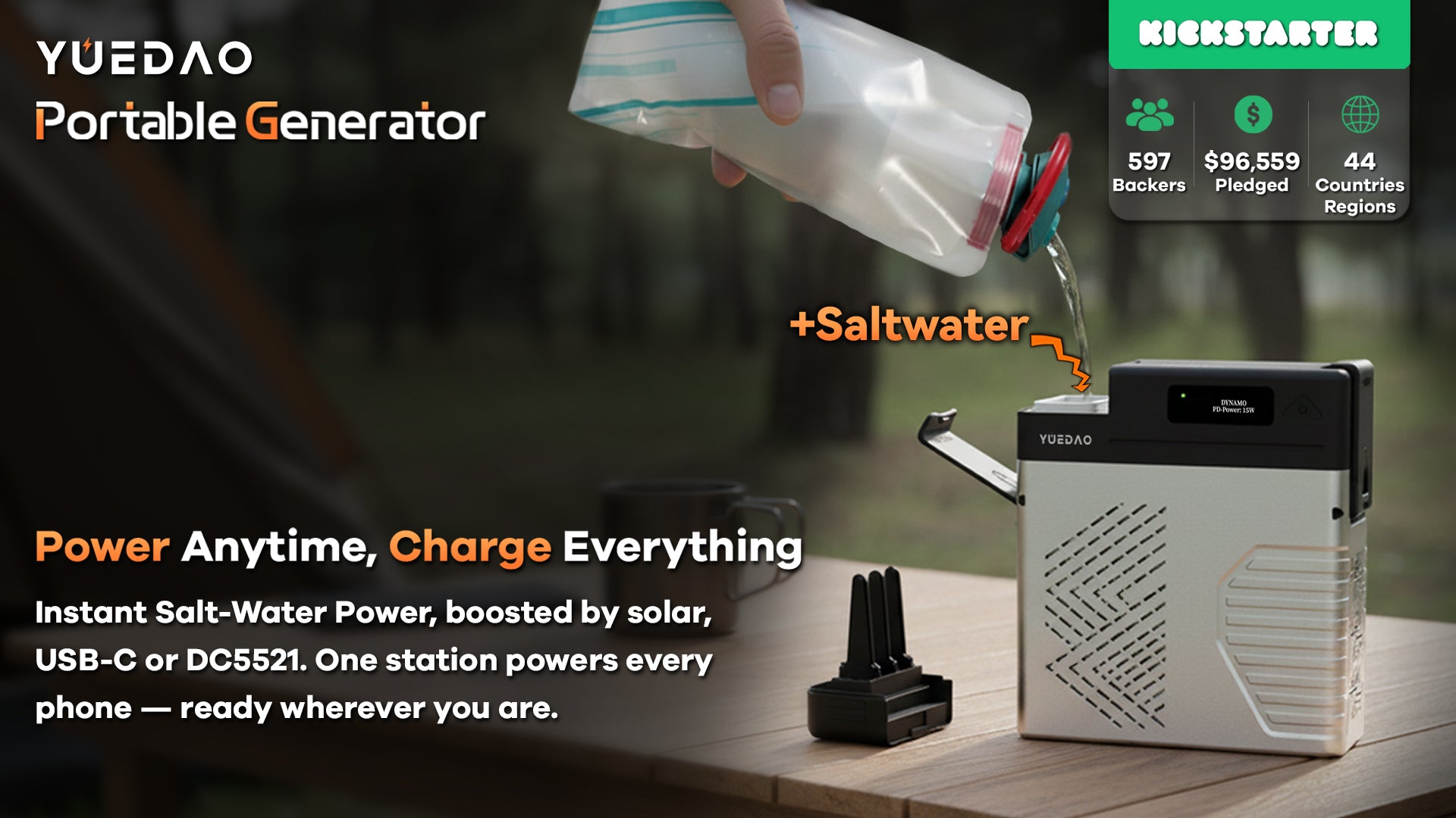 Activating the YUEDAO saltwater generator outdoors. Successful Kickstarter with 597 backers pledging over $96K.
