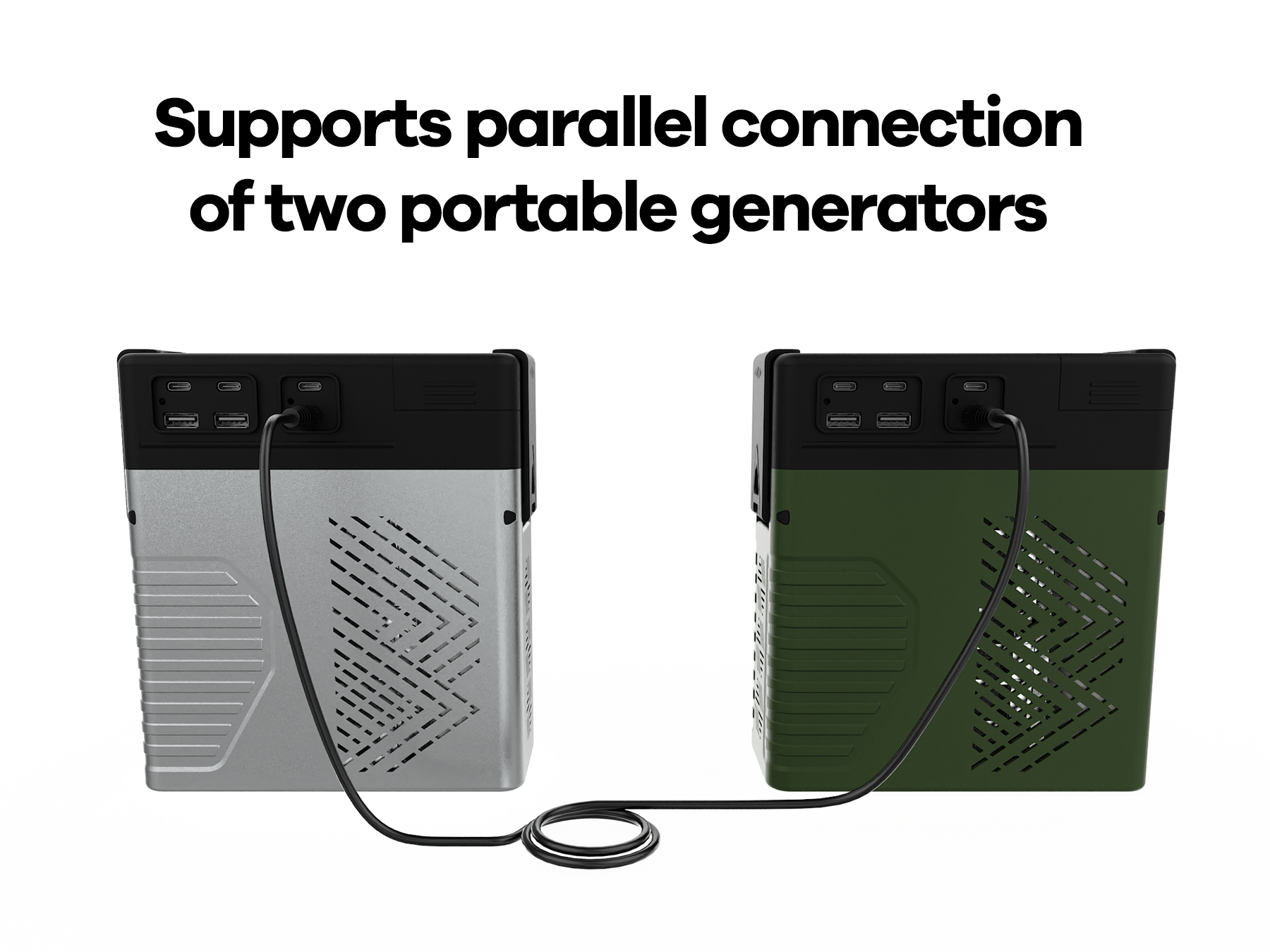 Product graphic with the text “Supports parallel connection of two portable generators,” showing two YUEDAO units linked together.